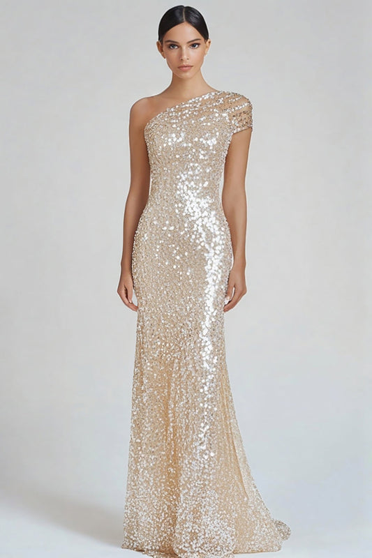 Sparkly Champagne Formal Dress Mermaid One Shoulder Party Dress with Sequins
