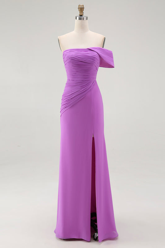 Purple One Shoulder Ruched Mermaid Long Formal Dress with Slit