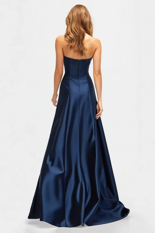 Beaded Navy Blue A Line Sweetheart Satin Sparkly Formal Dress with Slit
