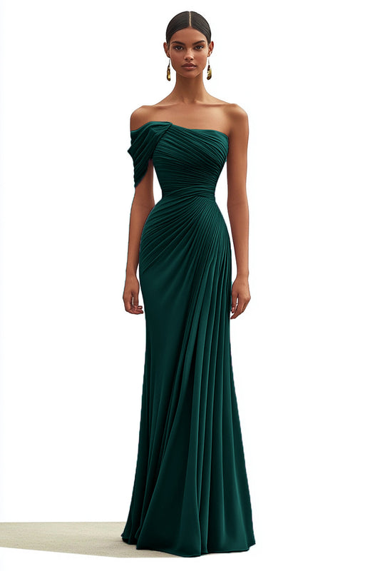 Mermaid Dark Green Formal Dress One Shoulder Pleated Long Party Dress