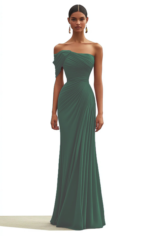 Mermaid Dark Green One Shoulder Pleated Long Formal Dress