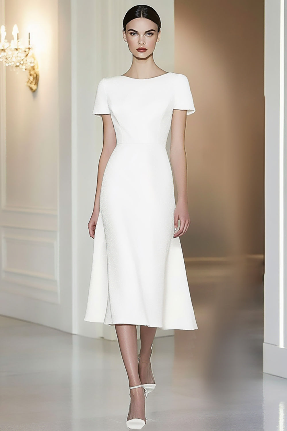 ZAPAKASA Women White Formal Dress Short Sleeves Slim Fitted Straight