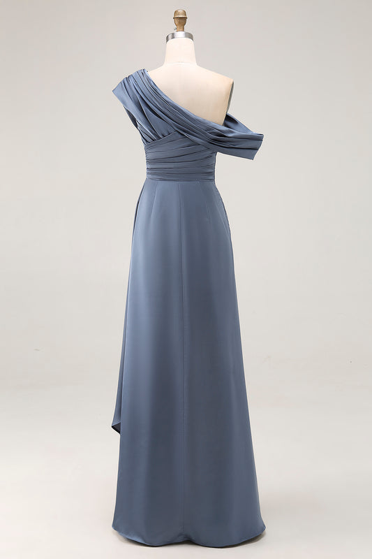 Grey Blue Mermaid Satin One Shoulder Ruched Formal Dress with Ruffles