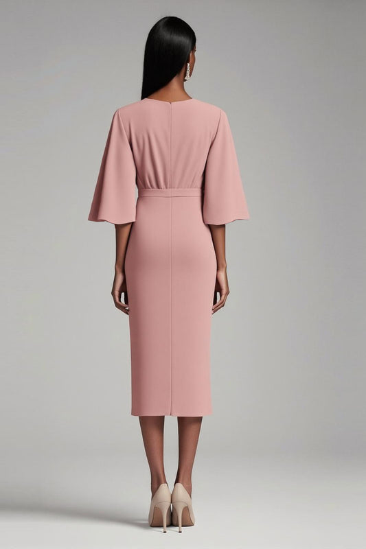 Pink V Neck Bodycon Chiffon Long Mother Dress with 1/2 Sleeves