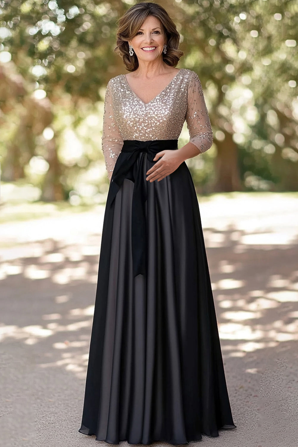 ZAPAKA Women Sparkly Champagne Back Long Mother of the Bride Dress V Neck Sequined Top Long Sleeves Wedding Guest Dress ZAPAKA Women Sparkly Champagne Back Long Mother of the Bride Dress V Neck Sequined Top Long Sleeves Wedding Guest Dress