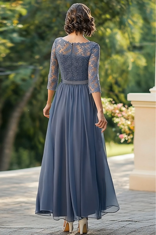 Dusty Blue A-Line 3/4 Sleeves Lace Top Chiffon Long Mother of the Bride Dress