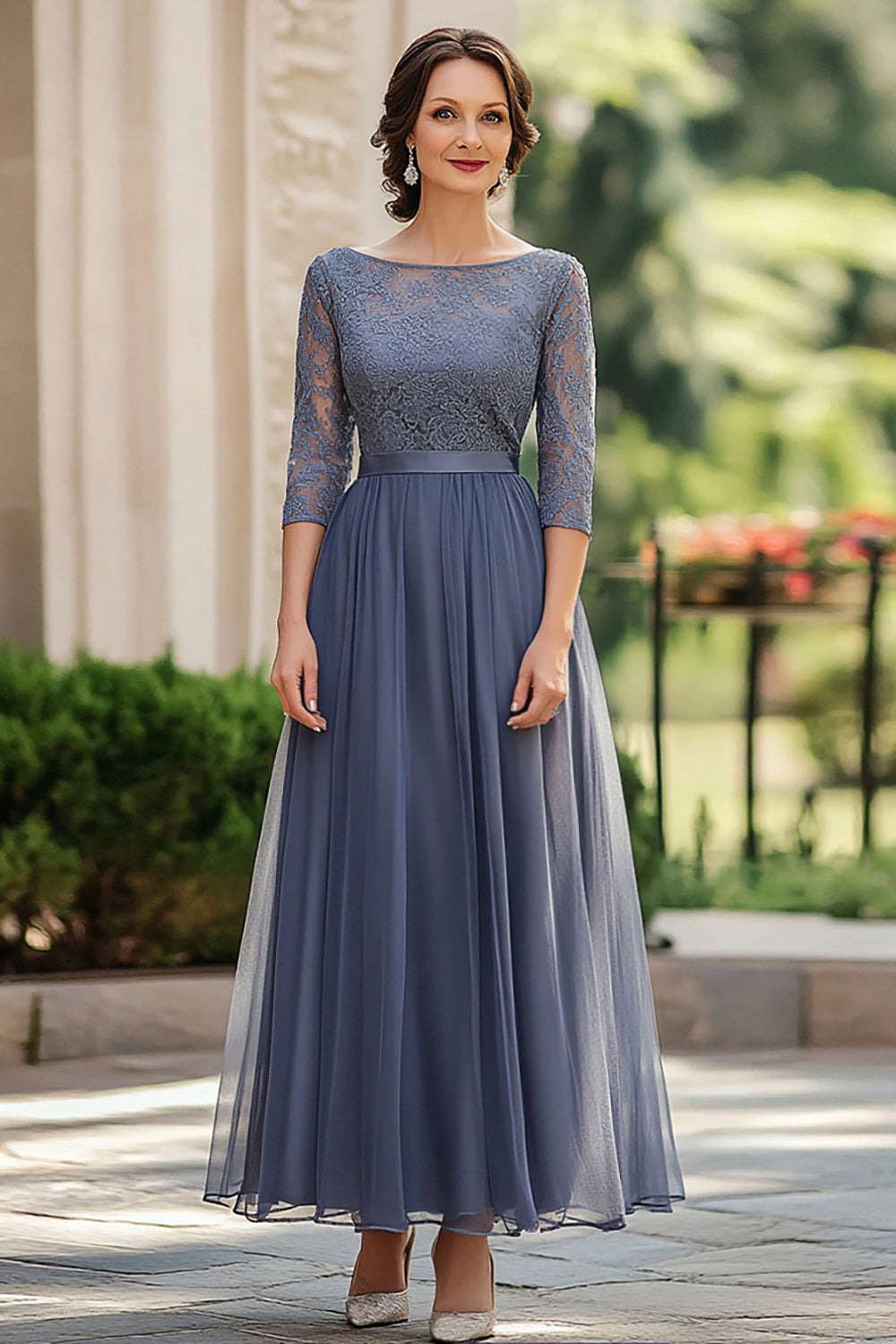 Zapaka Women Dusty Blue Mother of the Bride Dress Scoop Chiffon Lace Ankle-Length Half Sleeve Black Tie Dress, Grey Blue / US22W