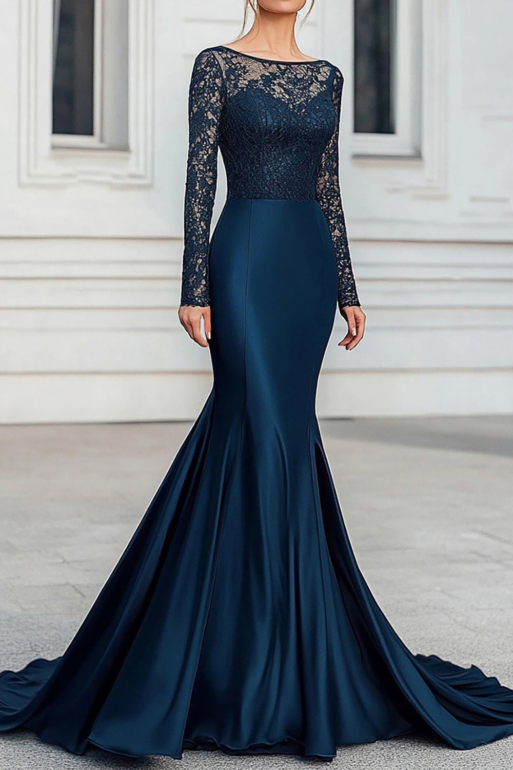 Zapakasa Women Mermaid Satin Lace Navy Mother of the Bride Dress with Long Sleeves Scoop Belted Black Tie Dress with Back Zipper Zapakasa Women Mermaid Satin Lace Navy Mother of the Bride Dress with Long Sleeves Scoop Belted Black Tie Dress with Back Zipper