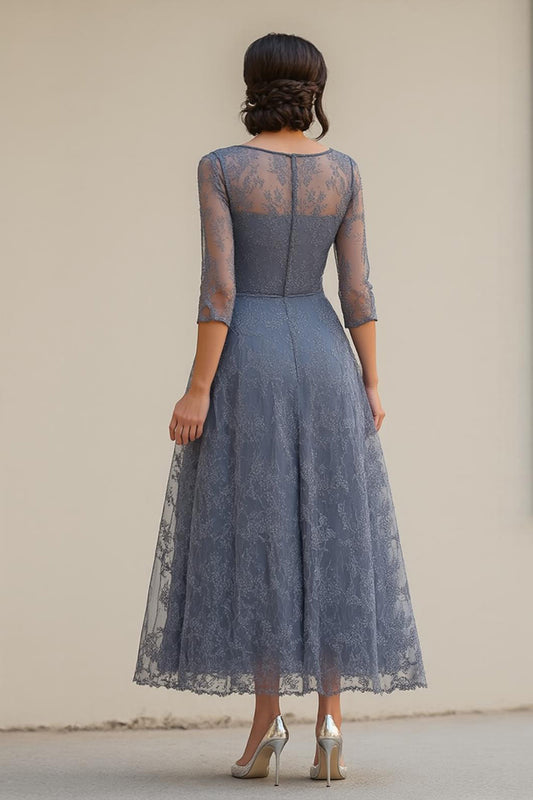 Dusty Blue Lace A-Line Half Sleeves Tea Length Mother of the Bride Dress