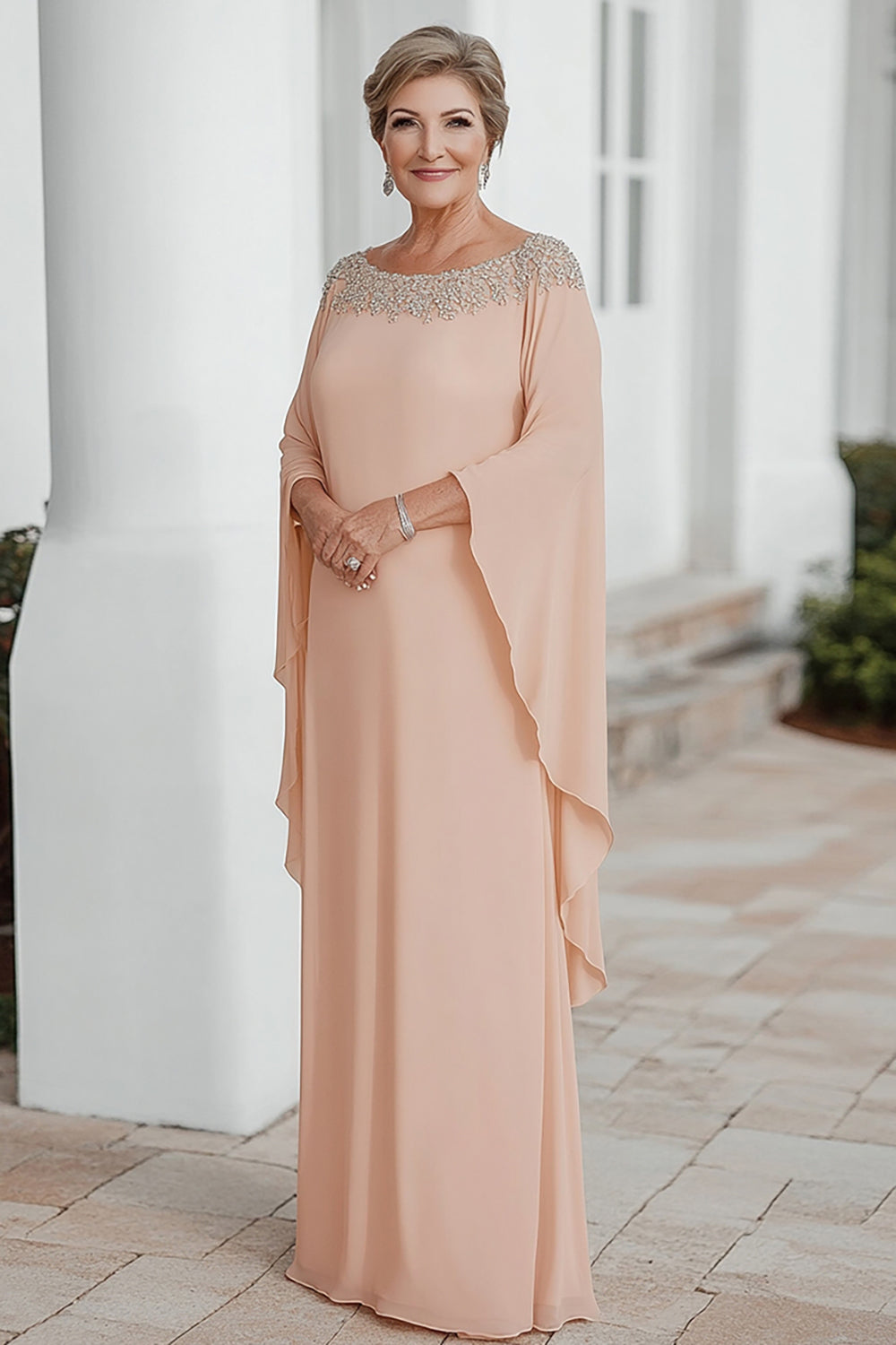 Zapaka Women Apricot Mother of the Bride Dress Chiffon Column Scoop Neck Flutter Sleeves Long Formal Dress, Apricot / US20W