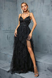 Black A-Line Spaghetti Straps Flowers Ruffles Tulle Long Prom Dress with Slit Black A-Line Spaghetti Straps Flowers Ruffles Tulle Long Prom Dress with Slit