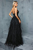 Black A-Line Spaghetti Straps Flowers Ruffles Tulle Long Prom Dress with Slit Black A-Line Spaghetti Straps Flowers Ruffles Tulle Long Prom Dress with Slit