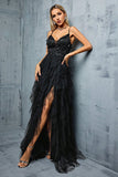 Black A-Line Spaghetti Straps Flowers Ruffles Tulle Long Prom Dress with Slit Black A-Line Spaghetti Straps Flowers Ruffles Tulle Long Prom Dress with Slit