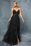 Black A-Line Spaghetti Straps Flowers Ruffles Tulle Long Prom Dress with Slit Black A-Line Spaghetti Straps Flowers Ruffles Tulle Long Prom Dress with Slit