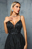 Black A-Line Spaghetti Straps Flowers Ruffles Tulle Long Prom Dress with Slit Black A-Line Spaghetti Straps Flowers Ruffles Tulle Long Prom Dress with Slit
