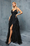 Black A-Line Spaghetti Straps Flowers Ruffles Tulle Long Prom Dress with Slit Black A-Line Spaghetti Straps Flowers Ruffles Tulle Long Prom Dress with Slit