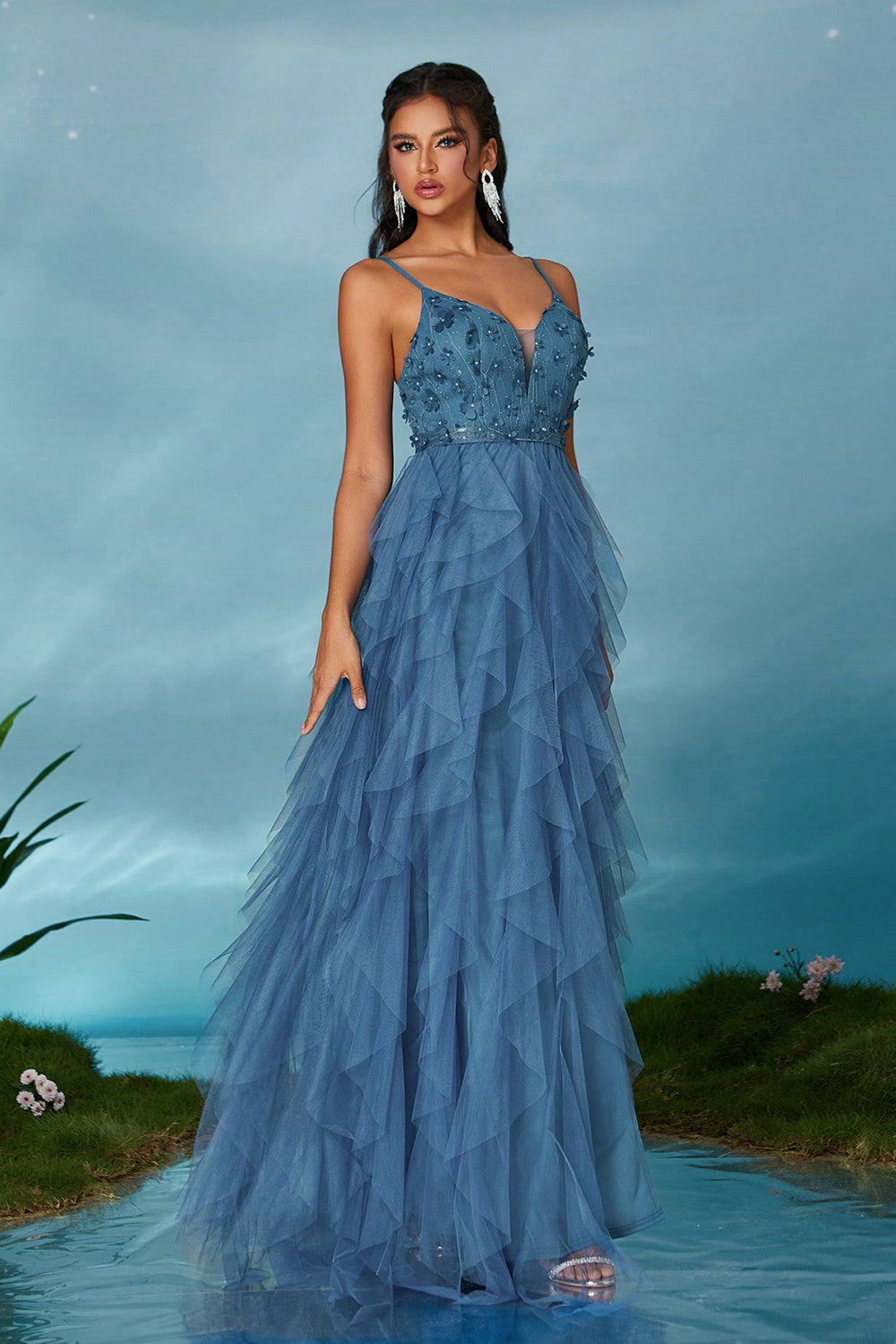 Black A-Line Spaghetti Straps Flowers Ruffles Tulle Long Prom Dress with Slit Black A-Line Spaghetti Straps Flowers Ruffles Tulle Long Prom Dress with Slit