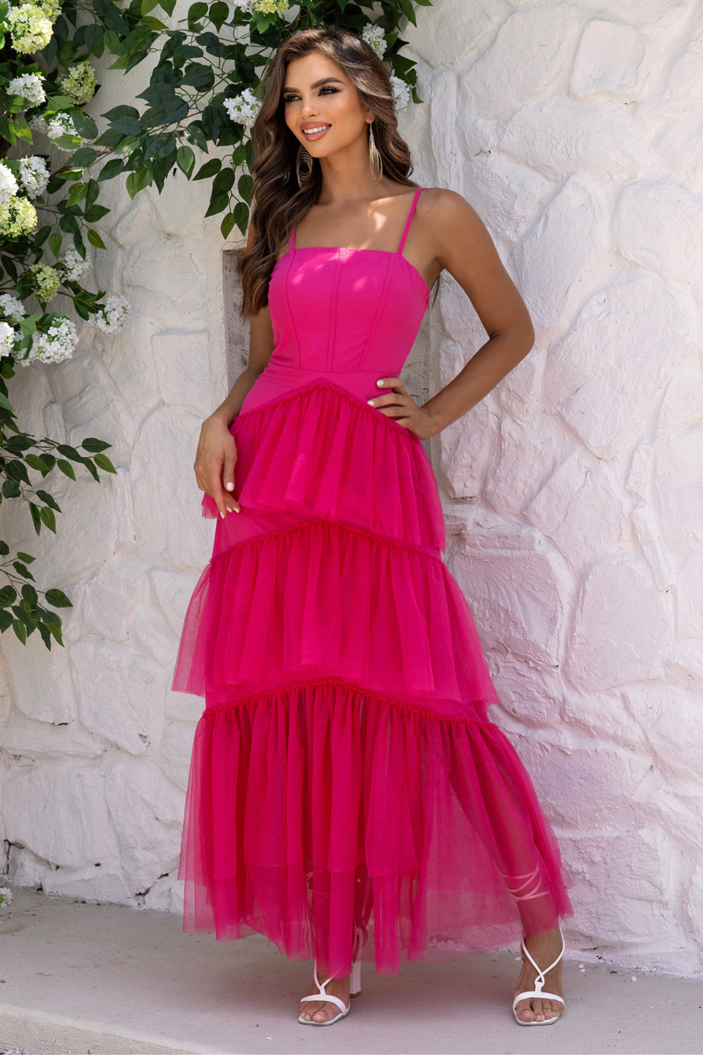 Fuchsia Spaghetti Straps A-Line Tulle Tiered Long Corset Formal Dress Fuchsia Spaghetti Straps A-Line Tulle Tiered Long Corset Formal Dress