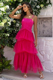 Fuchsia Spaghetti Straps A-Line Tulle Tiered Long Corset Formal Dress Fuchsia Spaghetti Straps A-Line Tulle Tiered Long Corset Formal Dress