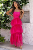 Fuchsia Spaghetti Straps A-Line Tulle Tiered Long Corset Formal Dress Fuchsia Spaghetti Straps A-Line Tulle Tiered Long Corset Formal Dress