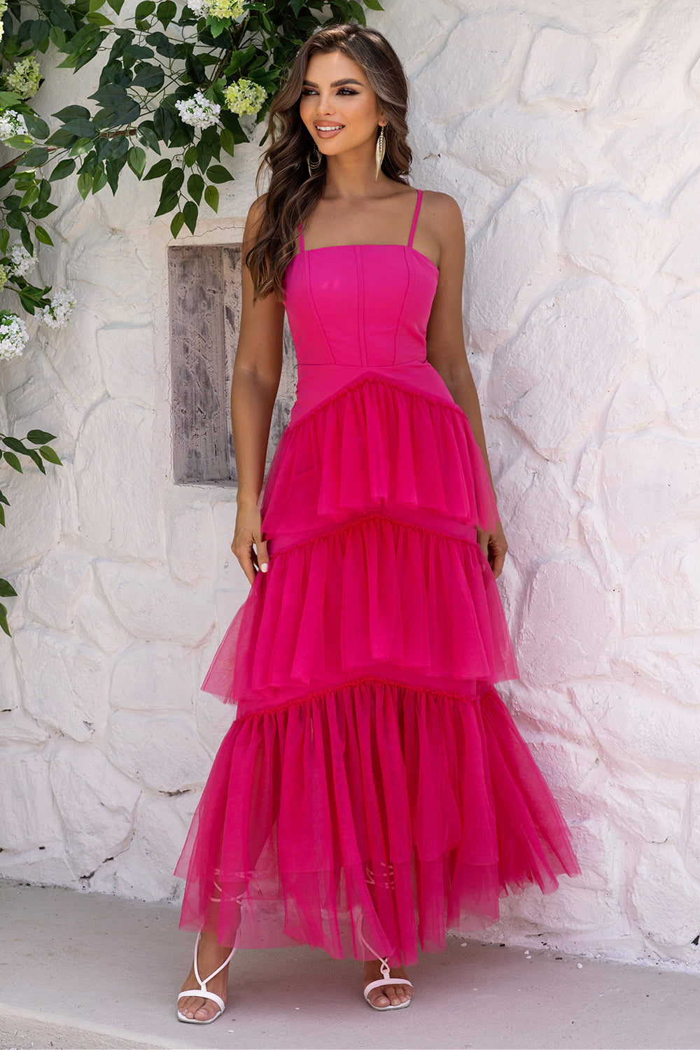 Fuchsia Spaghetti Straps A-Line Tulle Tiered Long Corset Formal Dress Fuchsia Spaghetti Straps A-Line Tulle Tiered Long Corset Formal Dress