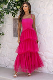 Fuchsia Spaghetti Straps A-Line Tulle Tiered Long Corset Formal Dress Fuchsia Spaghetti Straps A-Line Tulle Tiered Long Corset Formal Dress