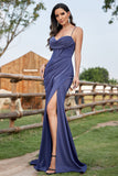 Sparkly Navy Mermaid Spaghetti Straps Corset Ruched Formal Dress with Slit Sparkly Navy Mermaid Spaghetti Straps Corset Ruched Formal Dress with Slit