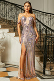 Sparkly Champagne Off the Shoulder Mermaid Sequins Long Prom Dress with Slit Sparkly Champagne Off the Shoulder Mermaid Sequins Long Prom Dress with Slit