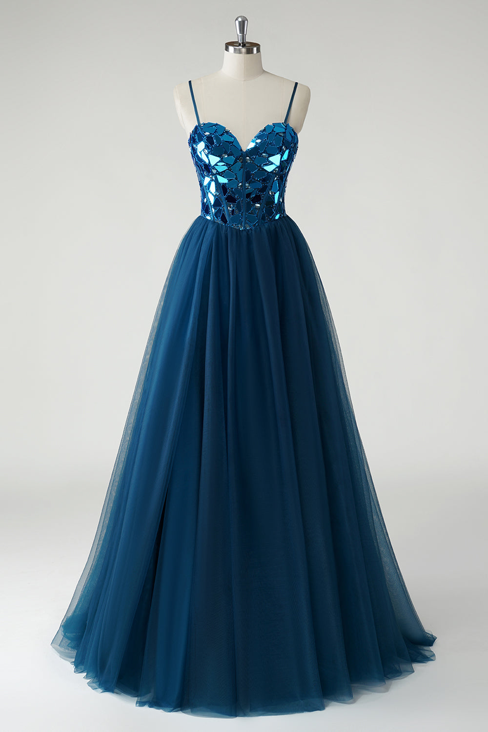Zapakasa Women Sparkly Dark Blue A Line Mirror Long Tulle Prom Dress Spaghetti Straps Corset Ball Gown Zapakasa Women Sparkly Dark Blue A Line Mirror Long Tulle Prom Dress Spaghetti Straps Corset Ball Gown