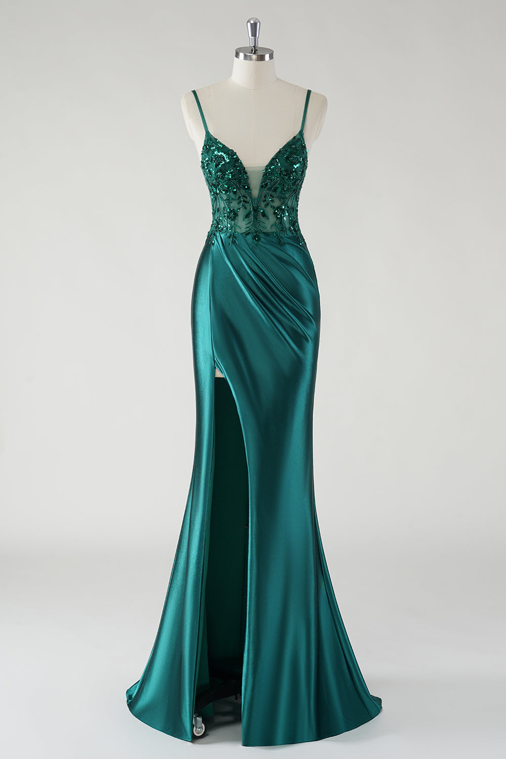 Sparkly Spaghetti Straps Dark Green Floral Satin Prom Dress with Slit Sparkly Spaghetti Straps Dark Green Floral Satin Prom Dress with Slit