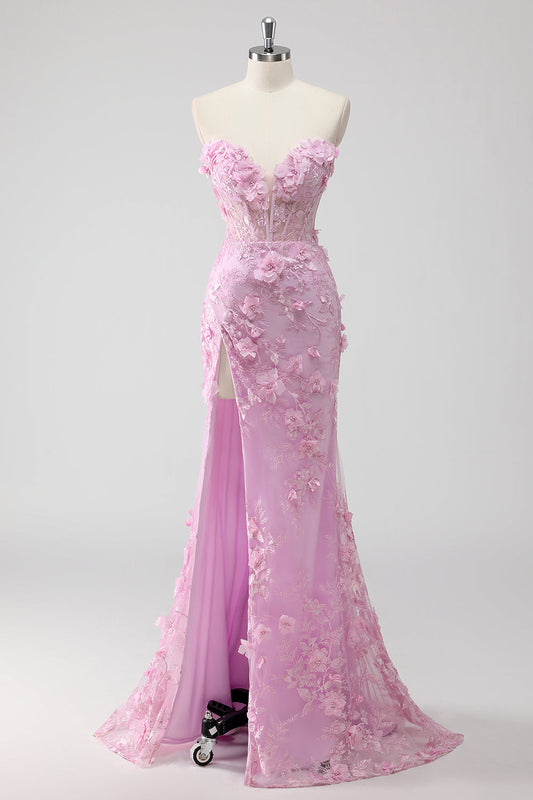 Lilac Strapless Coset Applique Mermaid Long Prom Dress with Slit