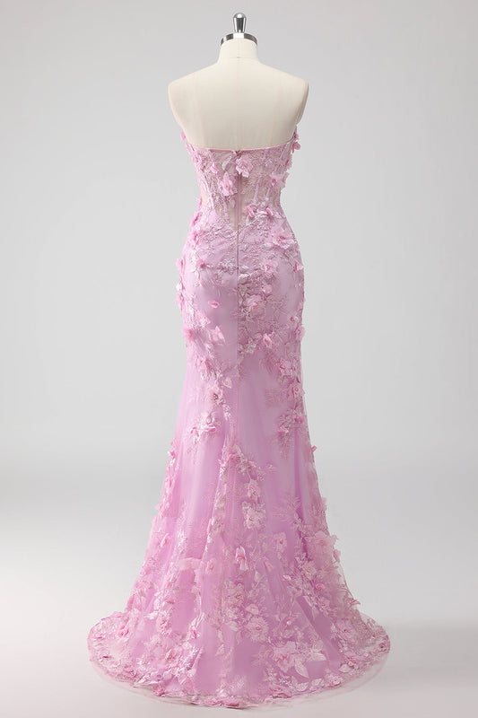 Lilac Strapless Coset Applique Mermaid Long Prom Dress with Slit