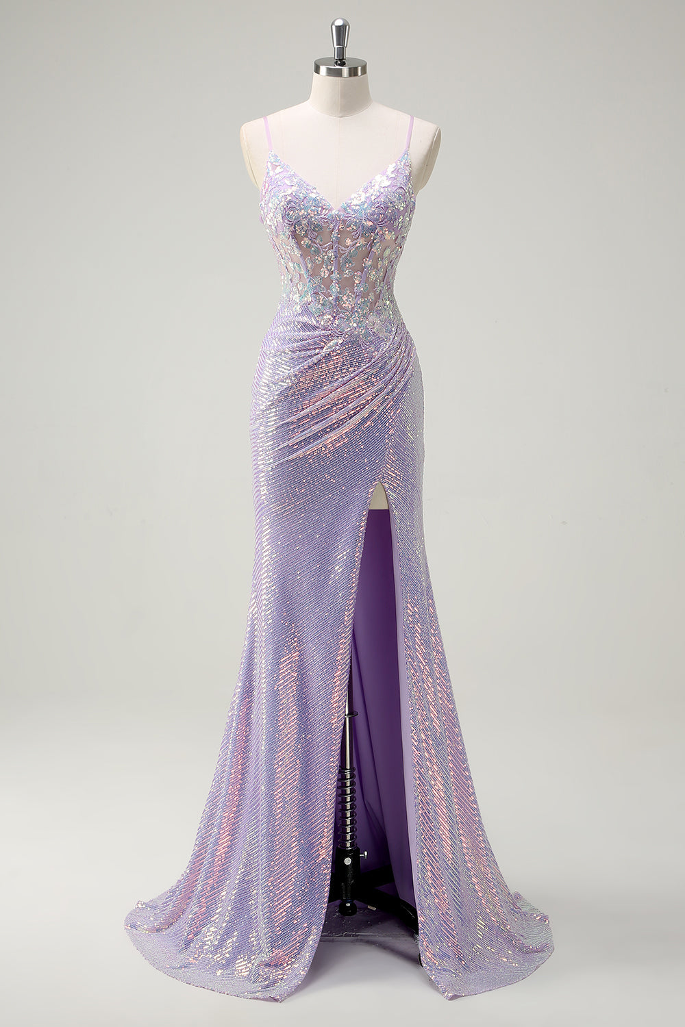 Zapakasa Women Sparkly Corset Lilac Mermaid Prom Dress with Slit Long Spaghetti Straps Evening Dress Zapakasa Women Sparkly Corset Lilac Mermaid Prom Dress with Slit Long Spaghetti Straps Evening Dress
