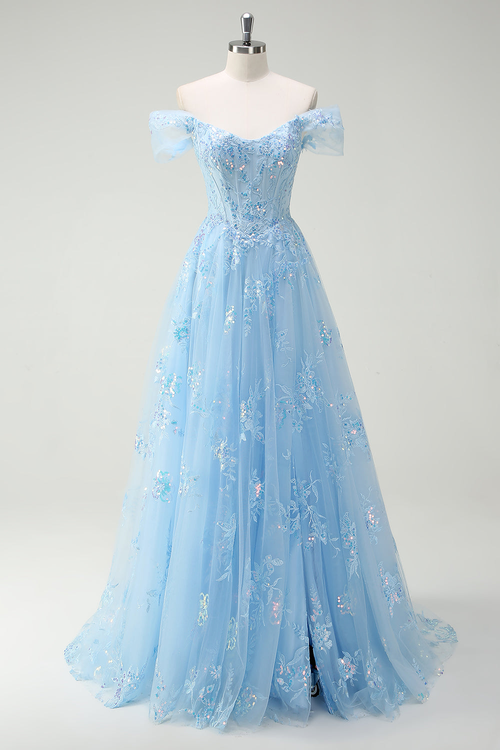 ZAPAKASA Women Sparkly Sky Blue Prom Dress with Lace Off The Shoulder A-Line Corset Evening Dress with Slit ZAPAKASA Women Sparkly Sky Blue Prom Dress with Lace Off The Shoulder A-Line Corset Evening Dress with Slit