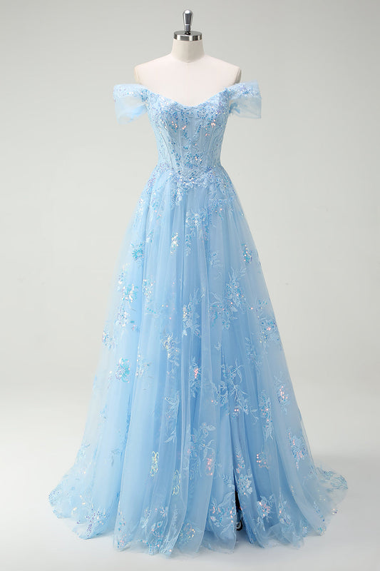 Sparkly Sky Blue Prom Dress with Lace Off The Shoulder A-Line Corset Evening Dress with Slit