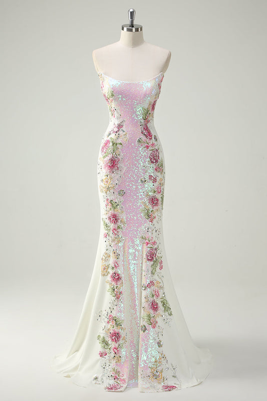 Sparkly Prom Dress White Floral Strapless Mermaid Long Gala Dress With Sequins