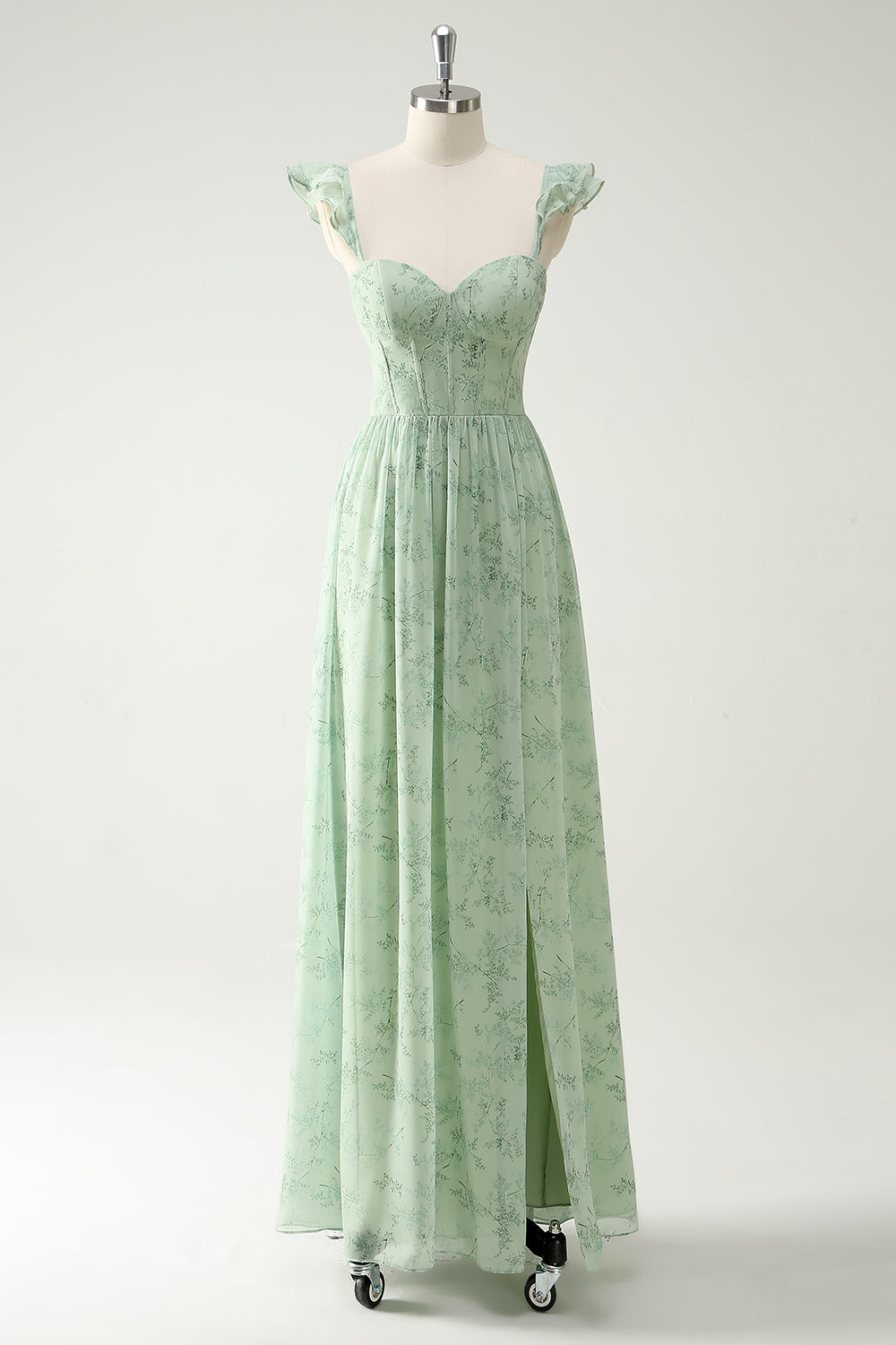 Zapakasa Women Green Flower Long Bridesmaid Dress A Line Ruffles Straps Corset Formal Dress with Split Front Zapakasa Women Green Flower Long Bridesmaid Dress A Line Ruffles Straps Corset Formal Dress with Split Front