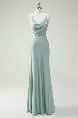 Sage Mermaid Spaghetti Straps Ruched Long Prom Dress with Lace Up Back