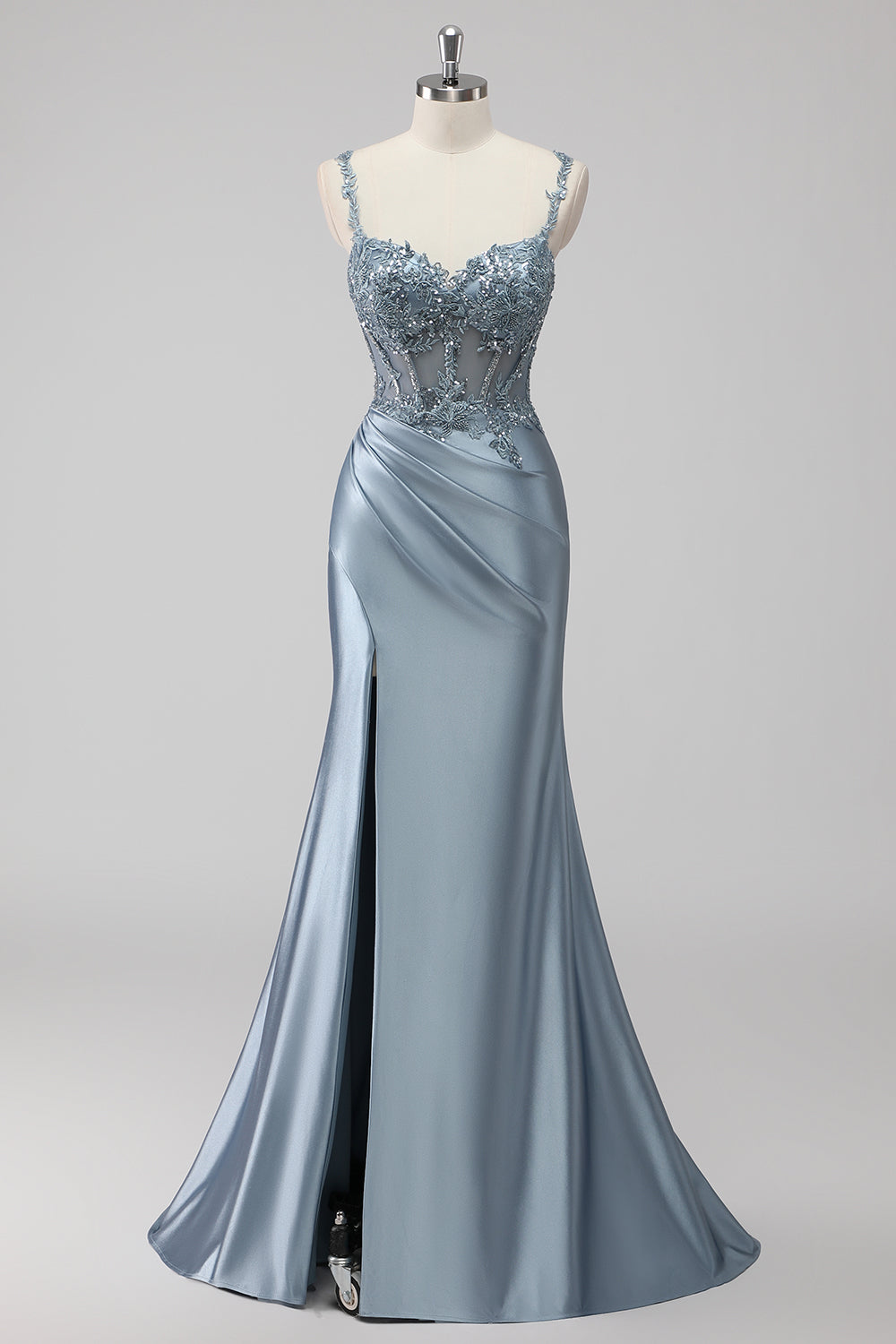 ZAPAKASA Women Grey Blue Sequin Prom Dress with Slit Applique Satin Mermaid Long Formal Dress with ZAPAKASA Women Grey Blue Sequin Prom Dress with Slit Applique Satin Mermaid Long Formal Dress with