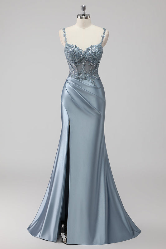 ZAPAKASA Women Grey Blue Sequin Prom Dress with Slit Applique Satin Mermaid Long Formal Dress with Lace up Back