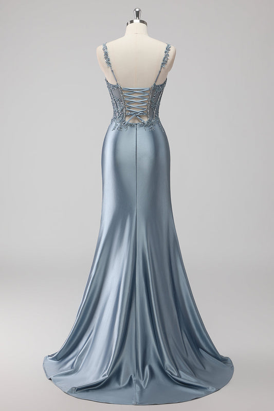 Sparkly Grey Blue Corset Satin Mermaid Long Prom Dress with Slit