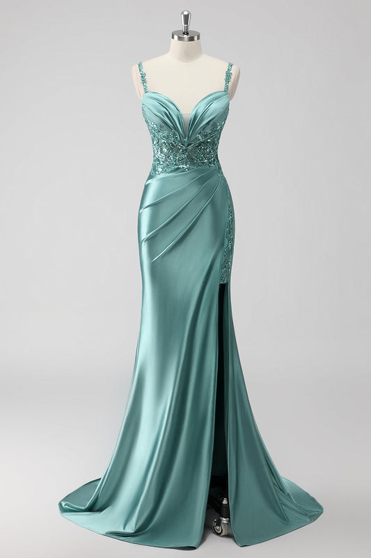 Green Sequin Mermaid Satin Ruched Long Prom Dress with Slit
