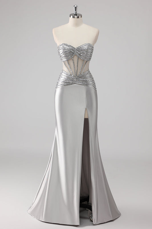 Grey Beaded Strapless Satin Mermaid Long Prom Dress with Slit