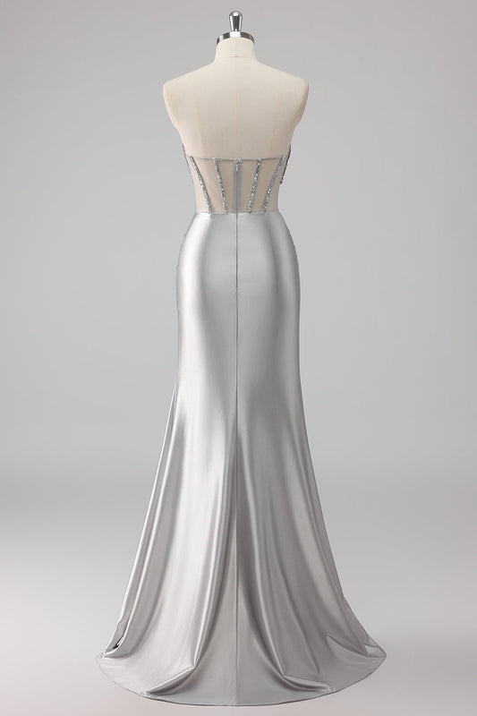 Grey Beaded Strapless Satin Mermaid Long Prom Dress with Slit