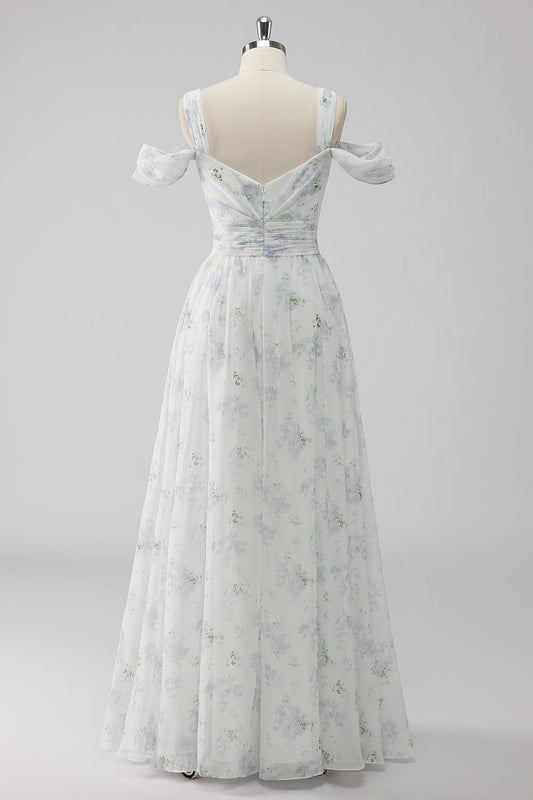 White Floral Cold Shoulder A Line Long Wedding Guest Dress with Slit