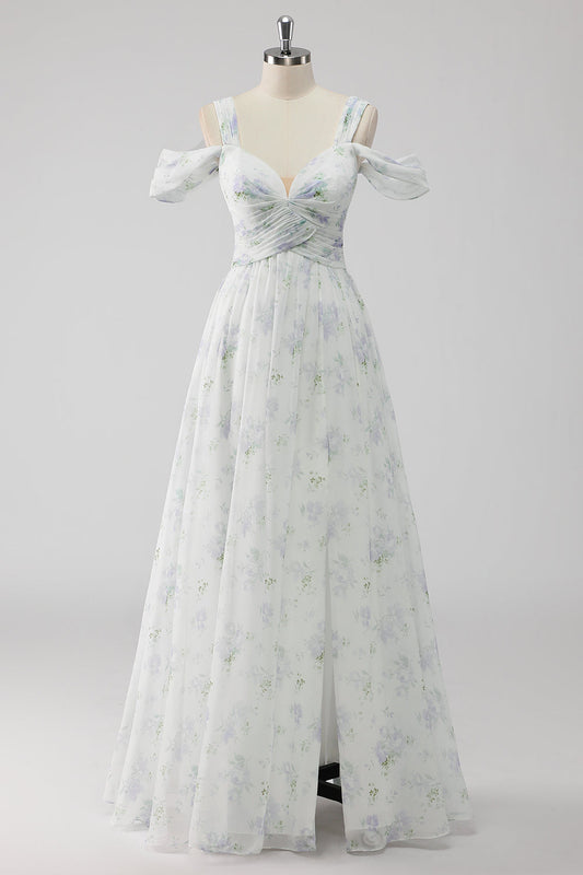 White Floral Cold Shoulder A Line Long Wedding Guest Dress with Slit