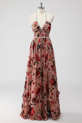 Dusty Rose Halter A Line Long Flowers Wedding Guest Dress with Slit