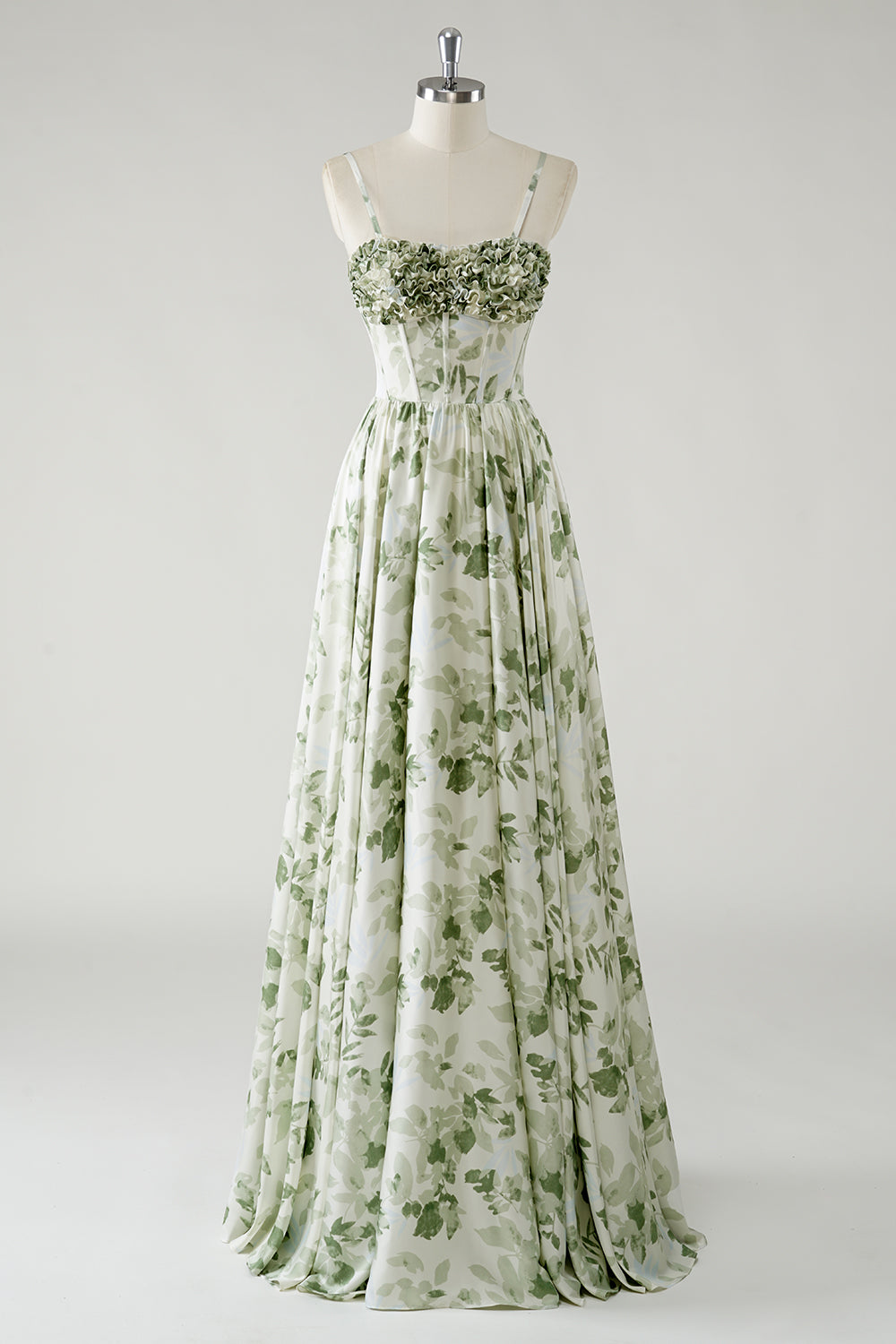 Zapakasa Women Green Flower Print Long Bridesmaid Dress A-Line Spaghetti Straps Ruched Corset Wedding Guest Dress Zapakasa Women Green Flower Print Long Bridesmaid Dress A-Line Spaghetti Straps Ruched Corset Wedding Guest Dress