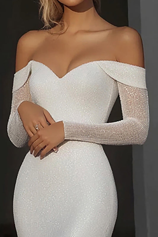 Off the Shoulder Ivory Mermaid Matte Satin Long Wedding Dress