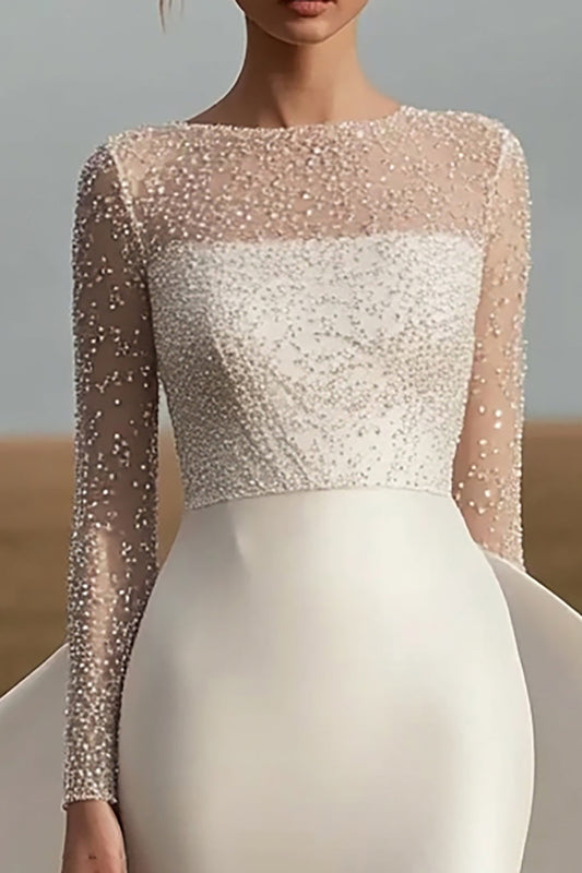 Ivory Satin Long Sleeves Sheath Wedding Dress with Beading